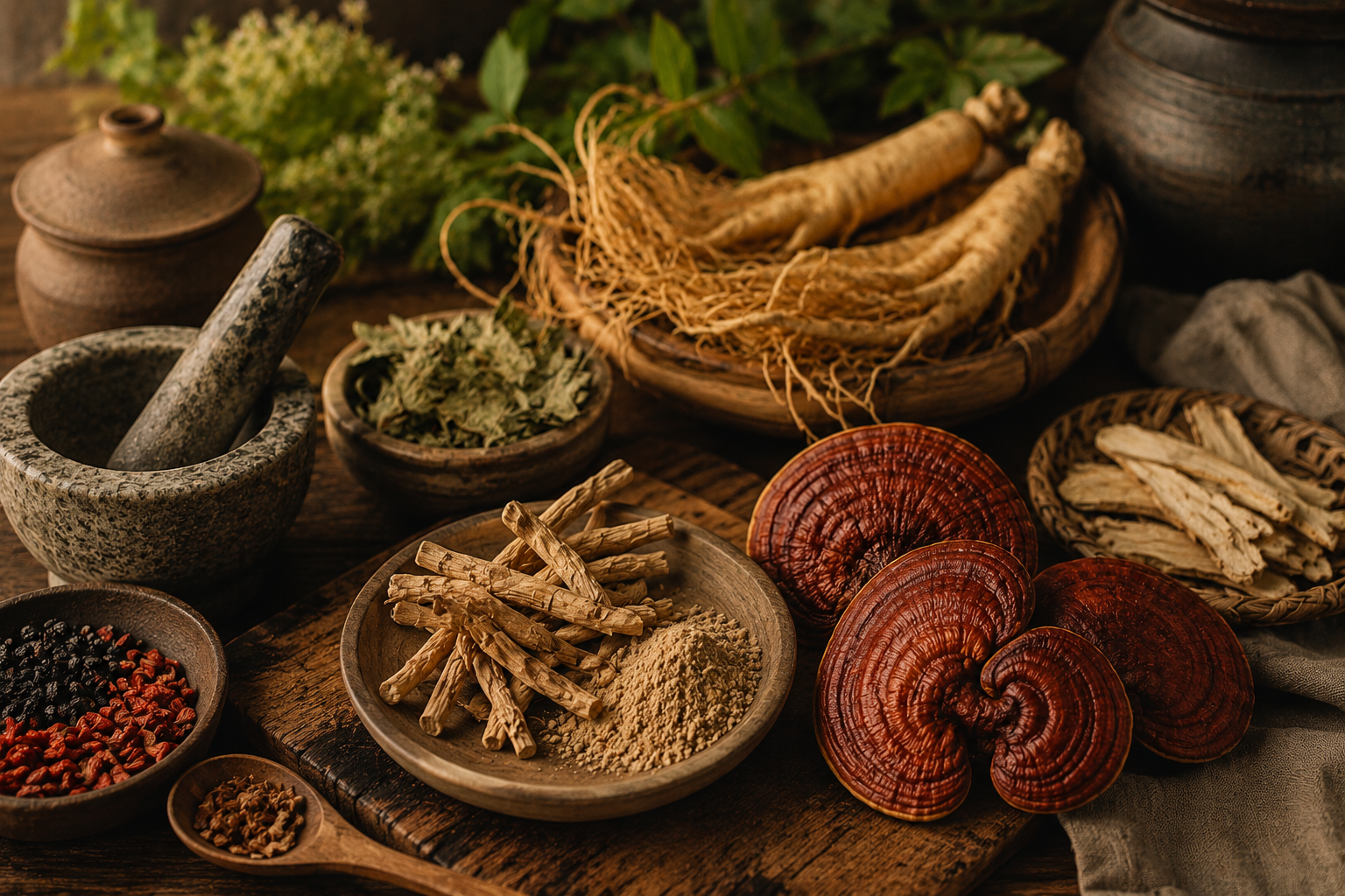 Ginseng root, mortar and pestle, and herbs on aged wood