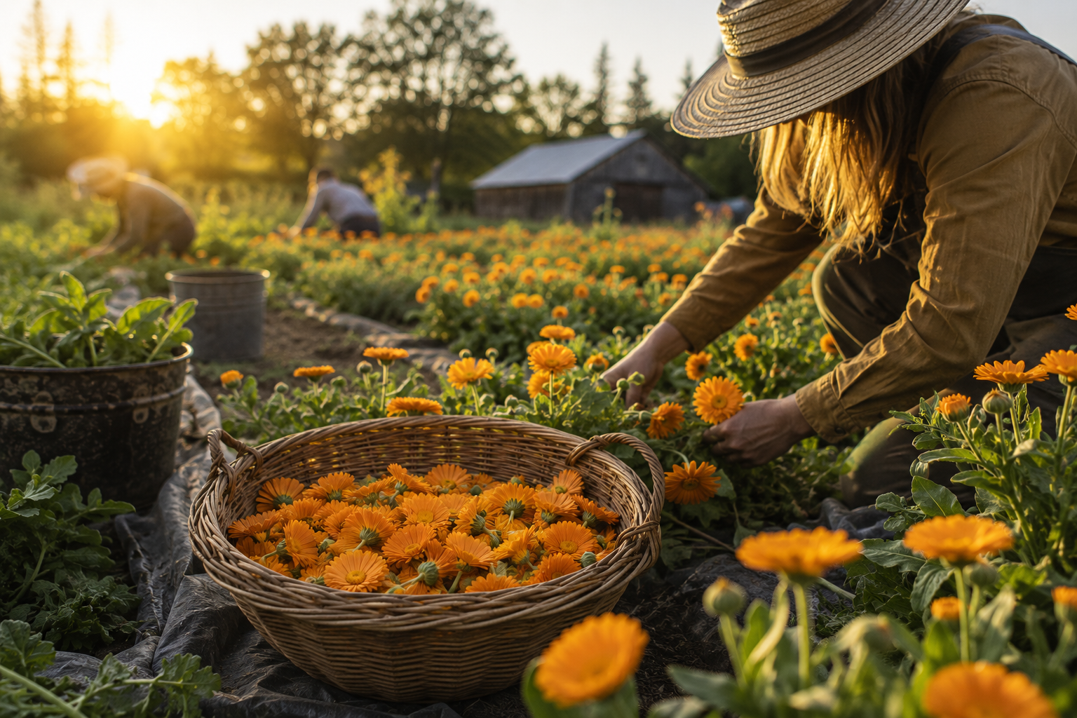 Farmer harvesting calendula flowers at golden hour