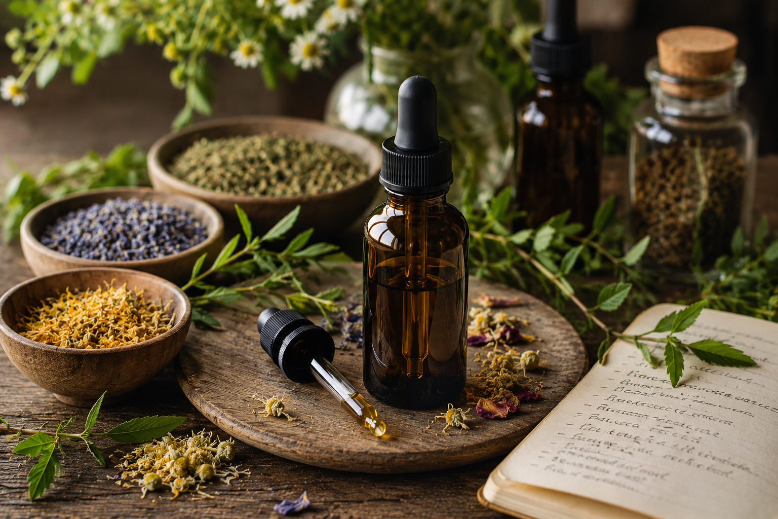 Amber tincture bottle with dropper, dried herbs and handwritten notebook